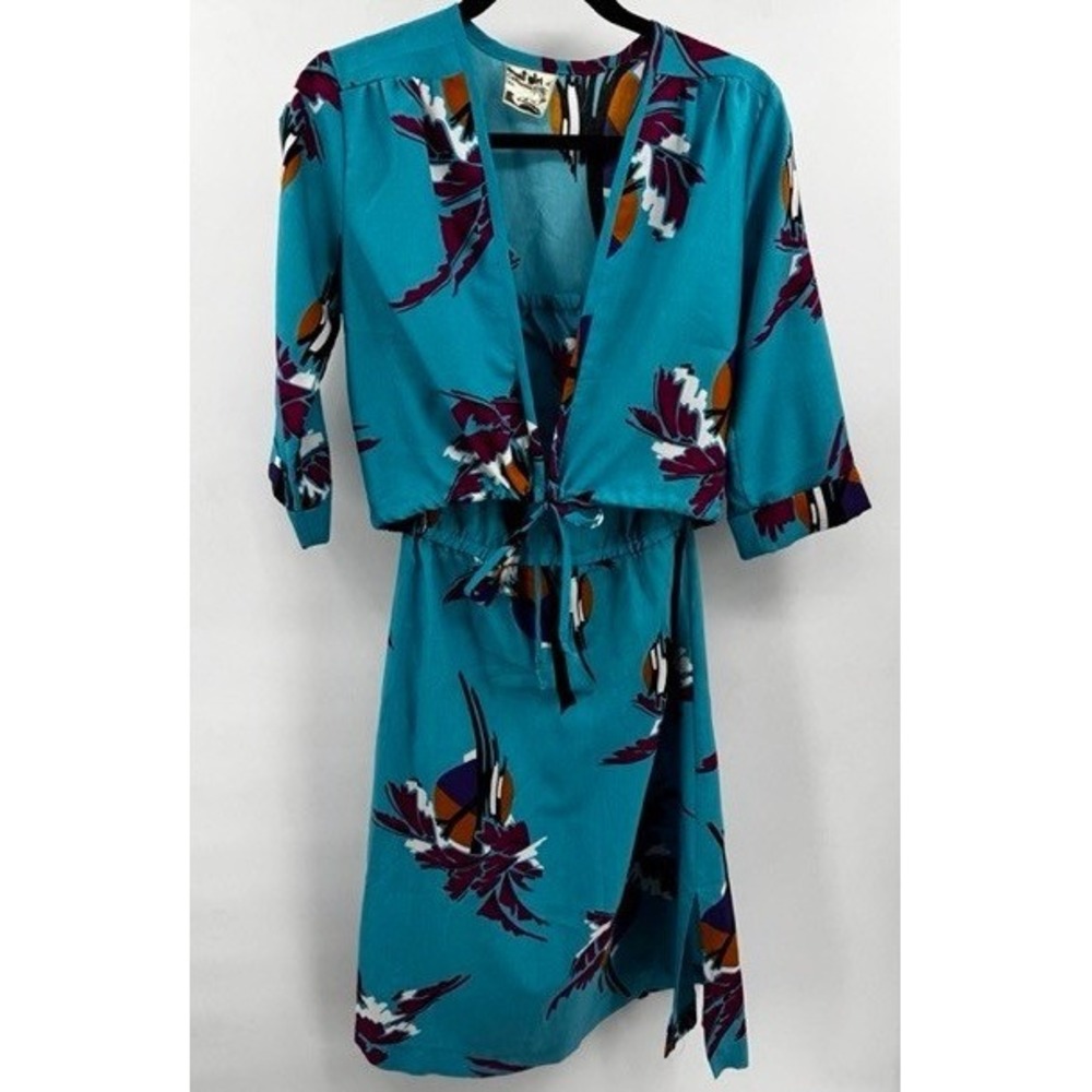 Vintage Doni Girl California Teal Floral Strapless Dress Jacket Set MEDIUM 70s
